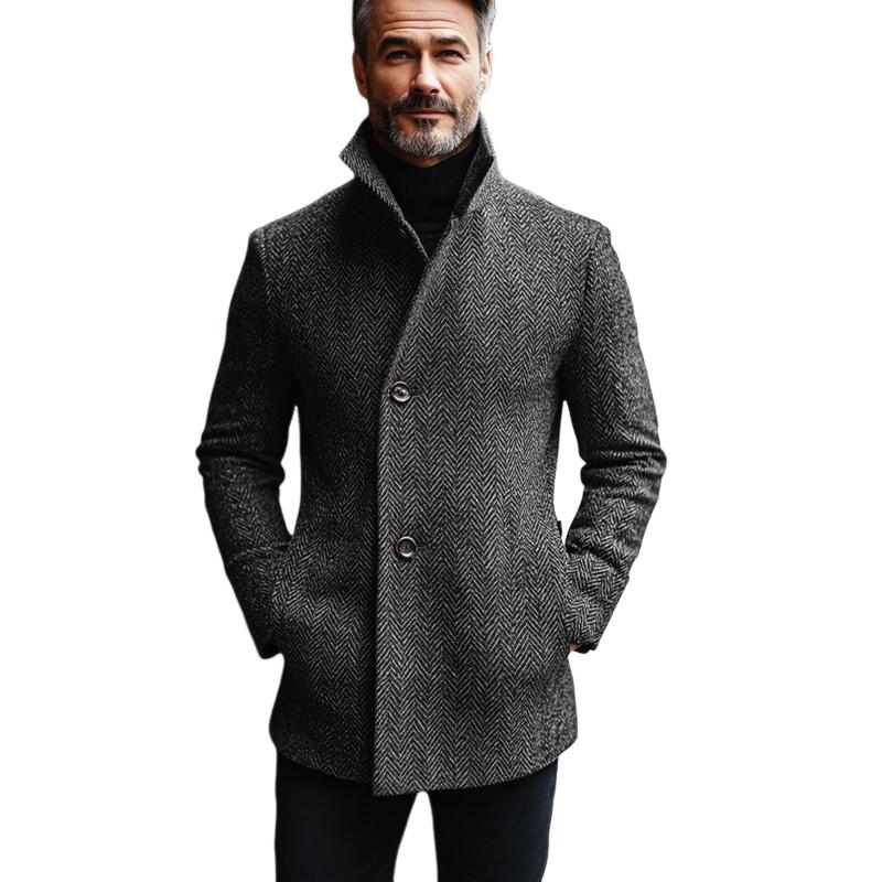 Men's Vintage Dark Grey Herringbone Mid-Length Coat 13975723U