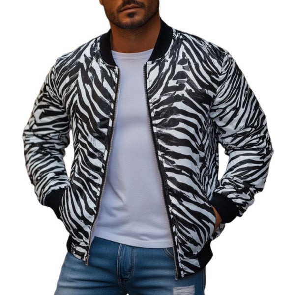 Men's Fashion Zebra Stripe Print Baseball Collar Zip-Up Bomber Jacket 54499923M