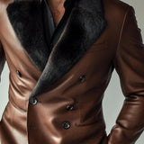 Men's Vintage Casual Fur Collar Leather Double Breasted Blazer 76445535TO