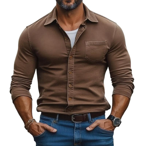 Men's Casual Cotton Blend Lapel Patch Pocket Slim Fit Long Sleeve Shirt 57410678M