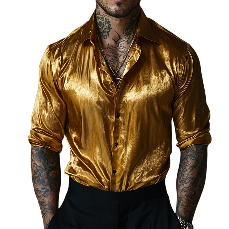 Men's Retro Casual Gold Velvet Lapel Long Sleeve Shirt 35471815TO