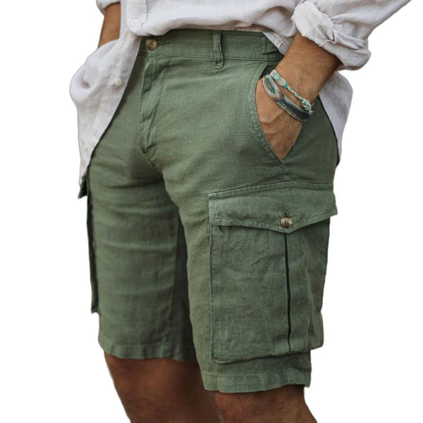 Men's Solid Multi-pocket Cotton And Linen Casual Shorts 14873592Z