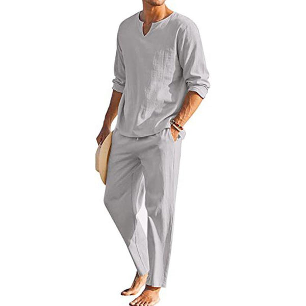 Men's V Neck Long Sleeve Pullover Shirt Trousers Cotton Linen Casual Set 05514955Z