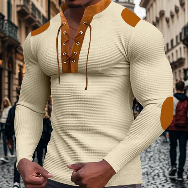 Men's Casual Colorblock Waffle Lace-up Stand Collar Slim Long Sleeve T-shirt 53169118M