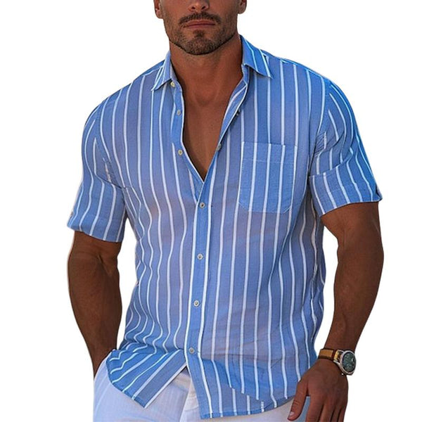Men's Casual Cotton Linen Striped Lapel Patch Pocket Slim Fit Short-sleeved Shirt 14390168M