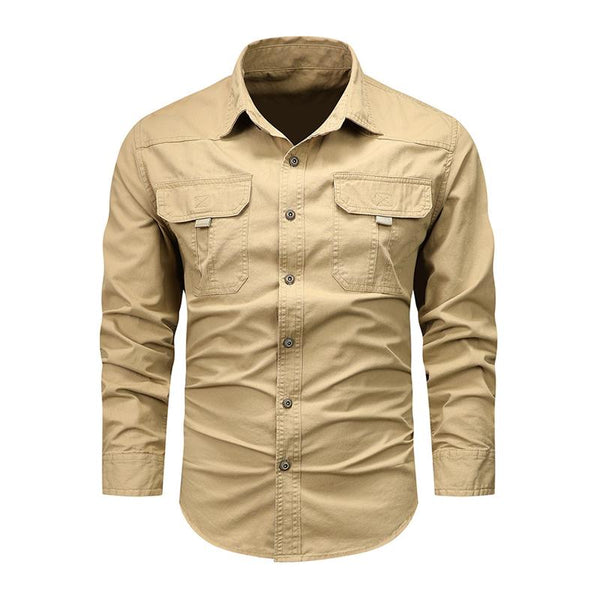 Men's Solid Cotton Multi-pocket Lapel Long Sleeve Cargo Shirt 15732371Z