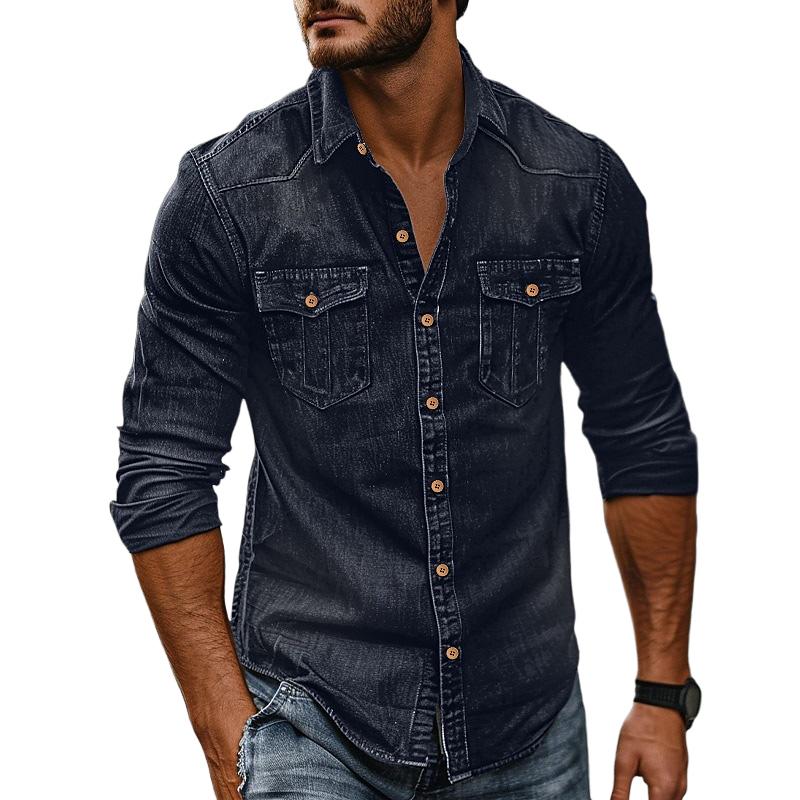 Herren Vintage Washed Distressed Denim Revers Hemd 89638435X