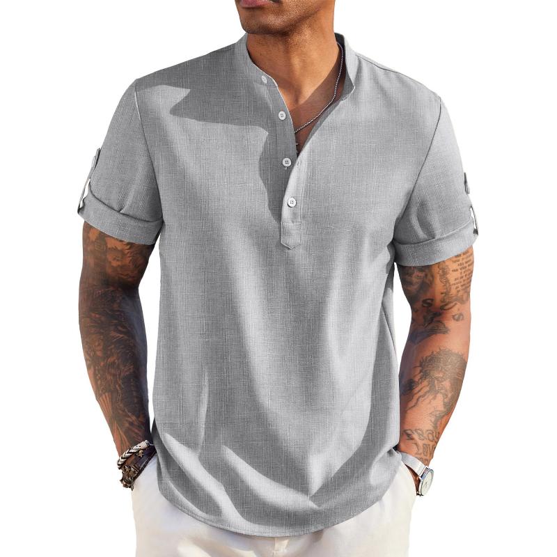 Chemise à manches courtes à col Henley en coton et lin vintage pour homme 12085943Y