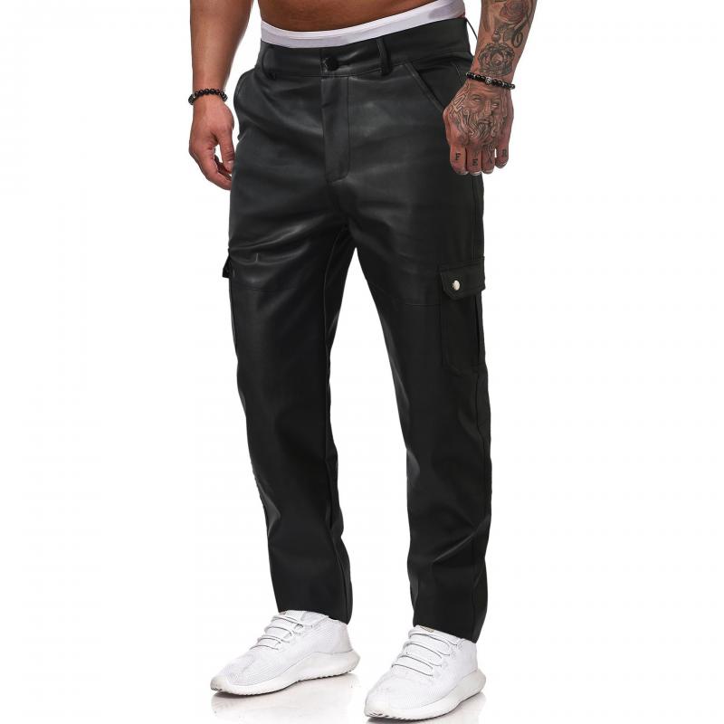 Men's Casual Solid Color Multi-pocket Slim Fit Leather Pants 34807975M