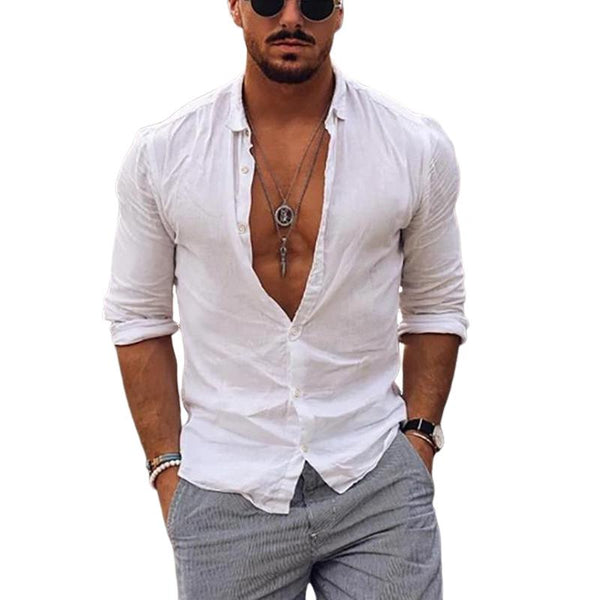 Men's Casual Solid Color Lapel Cotton Linen Long-Sleeved Shirt 81456809M