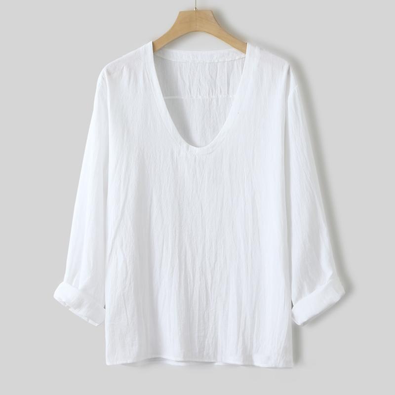 Men's V Neck Long Sleeve Washed Cotton Shirt 84384967Z