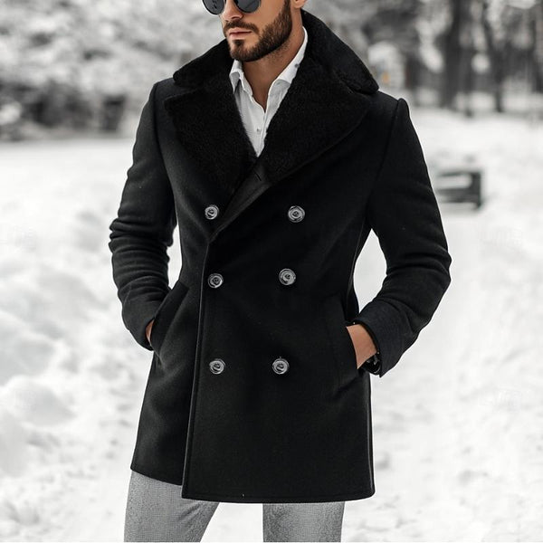 Men's Vintage Wool Plush Collar Double Breasted Mid-length Coat 61310598Y