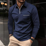 Men's Solid Zipper Lapel Breast Pocket Long Sleeve Polo Shirt 49740491Z