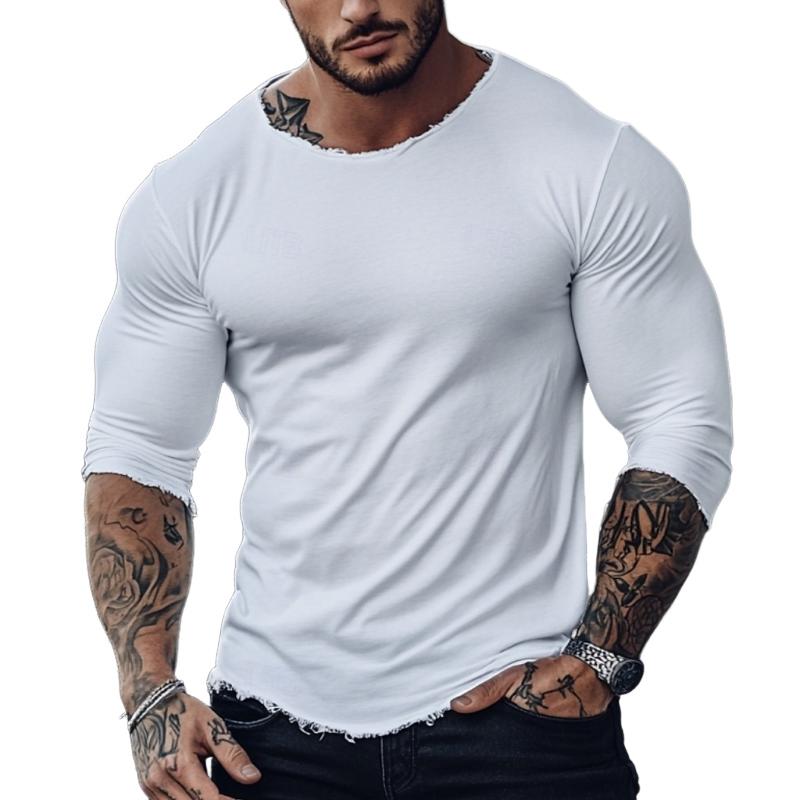 Men's Fashion Raw Edge Round Neck Slim Fit Long Sleeve T-Shirt 99127928Y