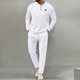 Men's Solid Waffle Henley Collar Long Sleeve T-shirt Trousers Casual Set 89658344Z