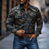 Men's Vintage Camouflage Washed Lapel Workwear Long Sleeve Shirt 42031741M