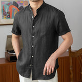 Men's Solid Linen Breathable Lapel Short Sleeve Shirt 93937165Z