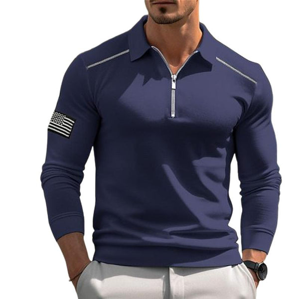 Men's American Flag Lapel Long Sleeve Polo Shirt 00428639Z