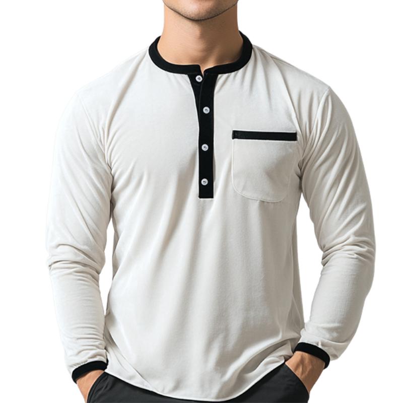 Men's Casual Slim Fit Velvet Patchwork Pocket Long Sleeve T-Shirt 14250257K