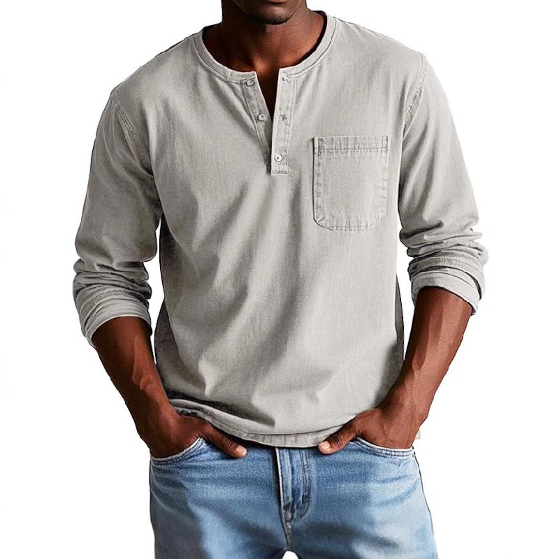 Men's Vintage Washed Henley Collar Long Sleeve T-Shirt 34795870X