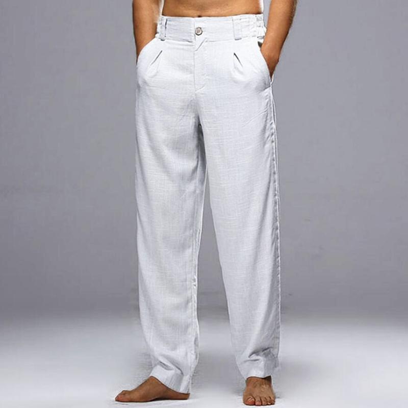 Pantaloni casual dritti in cotone e lino tinta unita da uomo 50104064Z