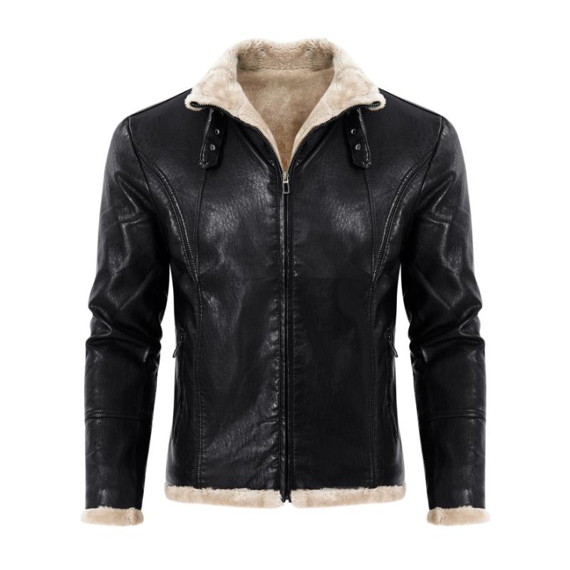 Veste en cuir coupe slim vintage pour homme avec revers en fourrure épaisse et chaude 68759096M