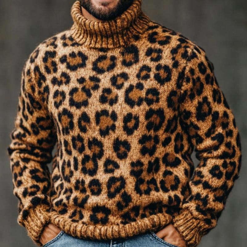 Men's Fashion Leopard Jacquard Turtleneck Warm Knitted Sweater 82831835M