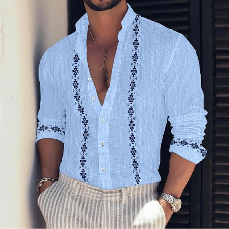 Men's Retro Casual Print Stand Collar Long Sleeve Shirt 62660083TO