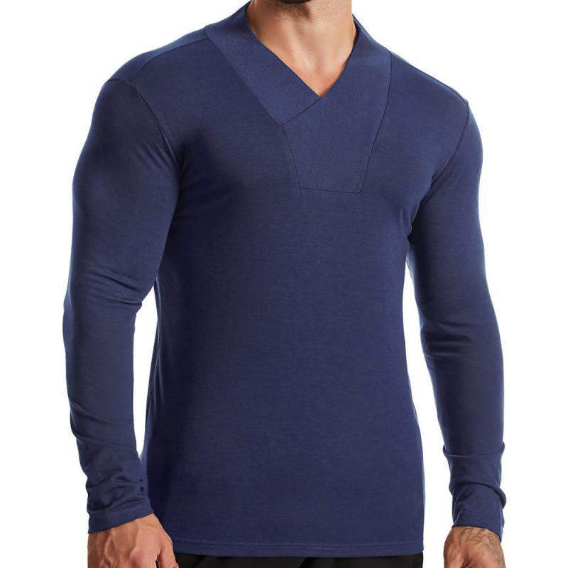 Men's Casual Solid Color V Neck Slim Long Sleeve T-Shirt 51296830M