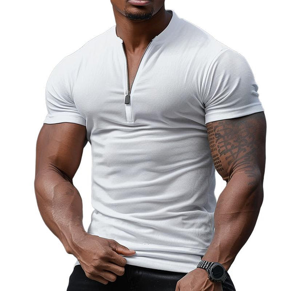 Men's Solid Color Zip V-Neck Slim Fit Short Sleeve T-Shirt 70810329Y