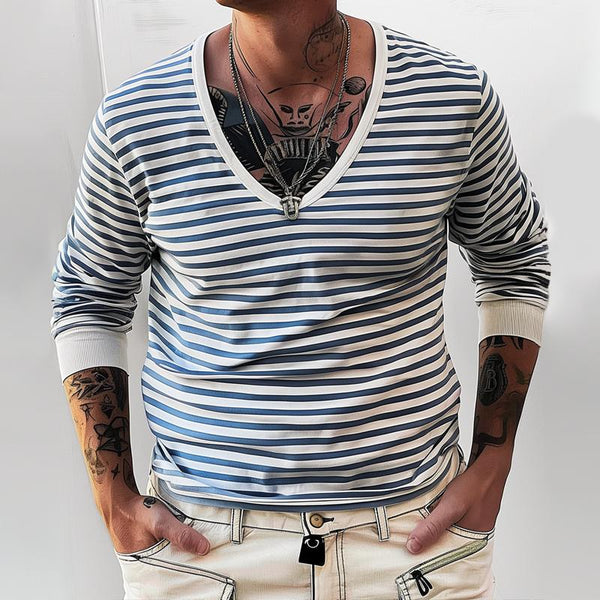 Men's Navy Style Striped V Neck Long Sleeve T-shirt 75034286Z