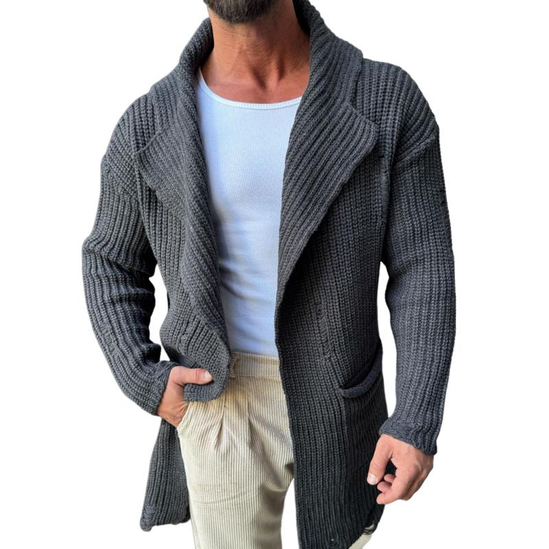 Men's Fashion Solid Color Holes Lapel Long Sleeve Knit Cardigan 36629153Z