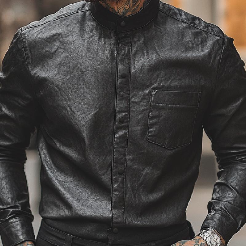 Men's Classic Versatile Stand-up Collar Long-sleeved Leather Shirt 11206100F