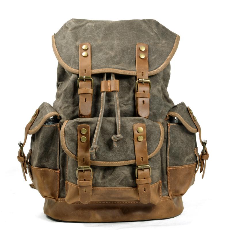 Mochila de lona vintage para hombre con múltiples bolsillos y costuras de cuero para exteriores 19083234Y