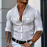 Men's Fashion Striped Lapel Chest Pocket Long Sleeve Shirt 49788477Z