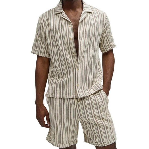 Men's Fashion Striped Lapel Short Sleeve Shirt Loose Shorts Set 05530766M