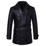 Men's Solid Color Lapel Double-Breasted Mid-Length Pu Leather Trench Coat 94907984Y