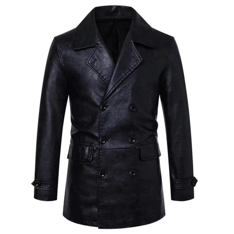 Men's Solid Color Lapel Double-Breasted Mid-Length Pu Leather Trench Coat 94907984Y