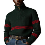 Men's Vintage Christmas Striped Knitted Button-Down Turtleneck Chest Pocket Sweater 22453558Y