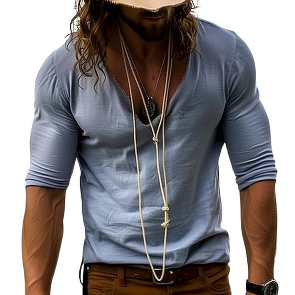 Men's Casual Retro U-neck Long Sleeve T-shirt 26948215TO