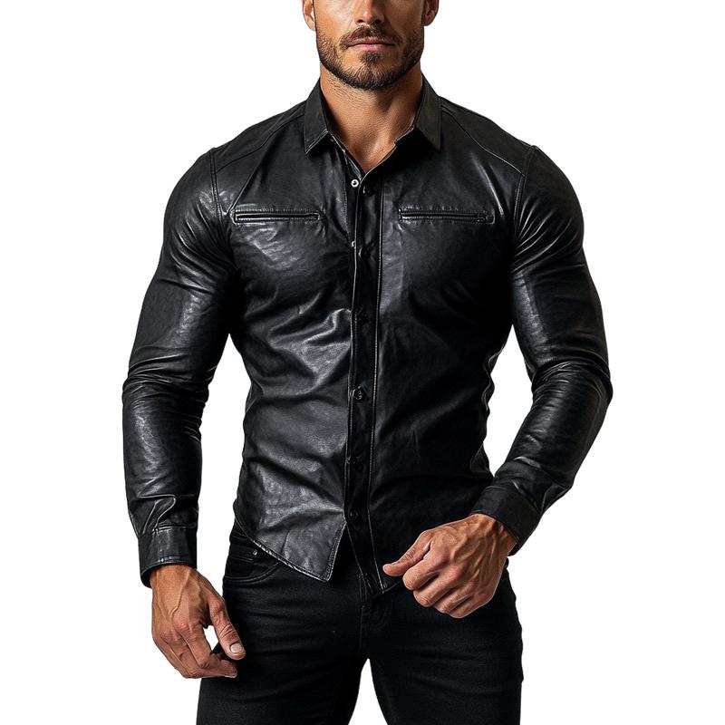 Mens Fashion Single Breasted Slim Fit Long Sleeve Leather Shirt 44723595Y