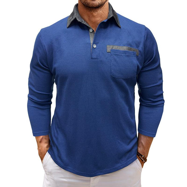 Men's Casual Colorblock Waffle Patch Pocket Slim Fit Long Sleeve Polo Shirt 93489989M