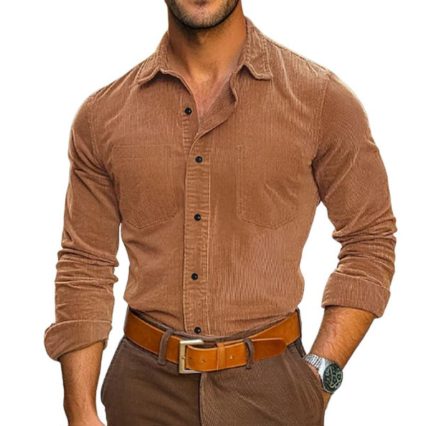 Men's Solid Color Corduroy Lapel Chest Pocket Long Sleeve Shirt 66442665Z