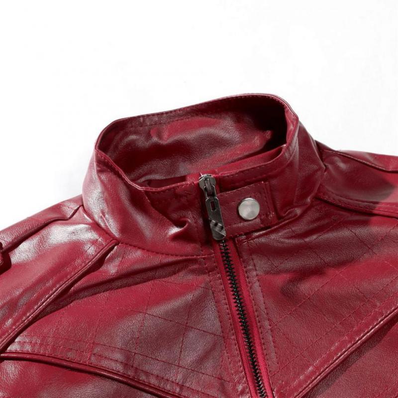 Men's Vintage Patchwork Stand Collar Zipper Motorcycle Leather Jacket 87958383M