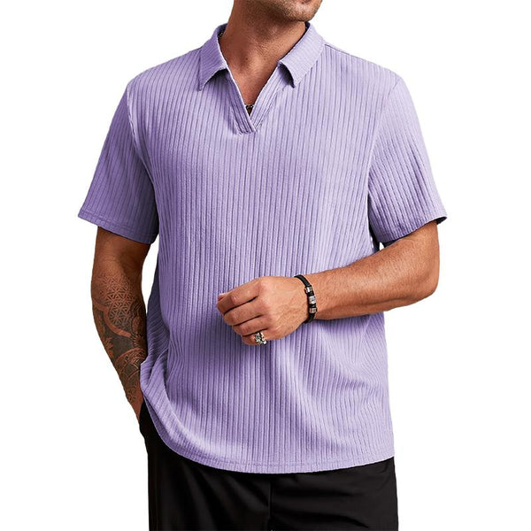 Men's Solid Striped Lapel Short Sleeve Polo Shirt 97308000Z