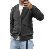 Men's Casual Fleece V-neck Single-breasted Large Pocket Loose Jacket 22625814M