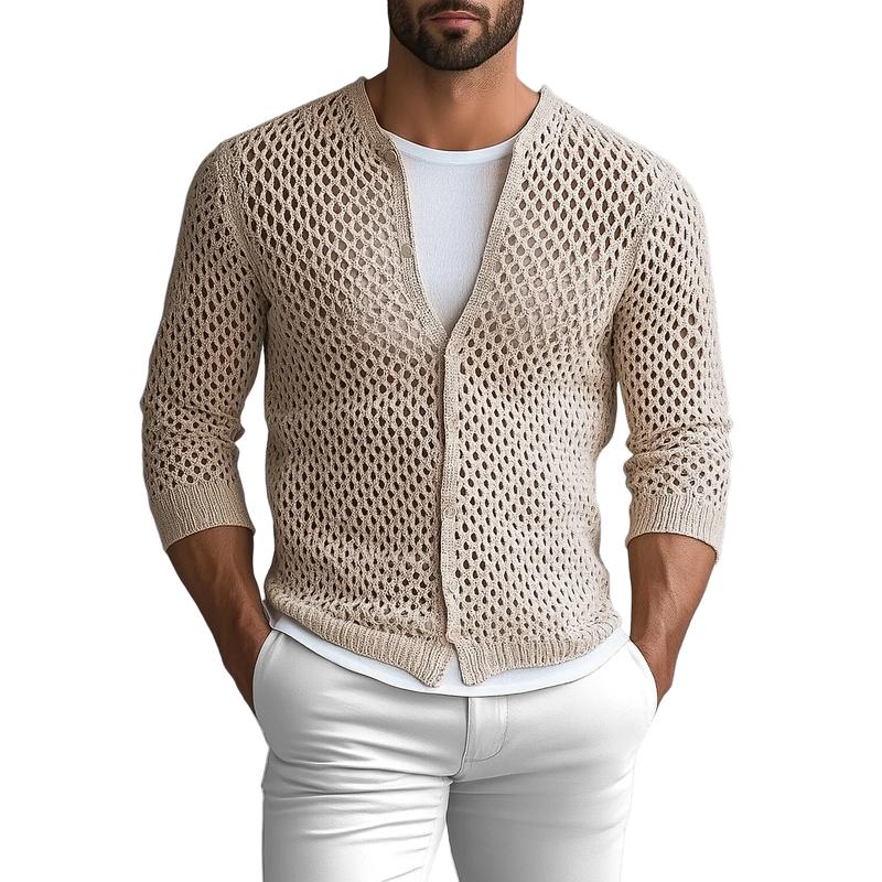 Men's Fashion Solid Color Knit Hollow Crew Neck Cardigan 24757760Y