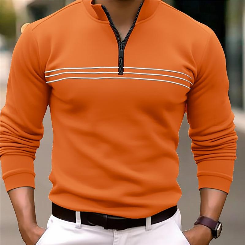 Men's Striped Zip-Up Collar Long Sleeve Polo Shirt 20293590Y