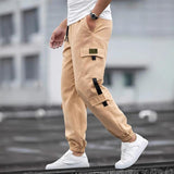 Men's Solid Color Elastic Waist Multi-pocket Cargo Pants 58053761Z