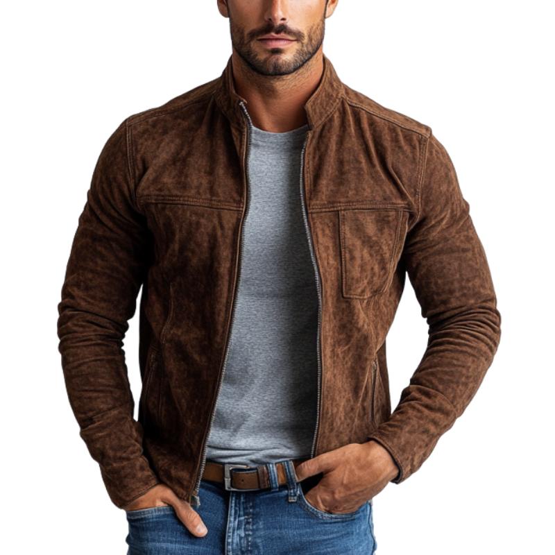 Men's Vintage Suede Zipper Stand Collar Slim Fit Short Jacket 91853691Y